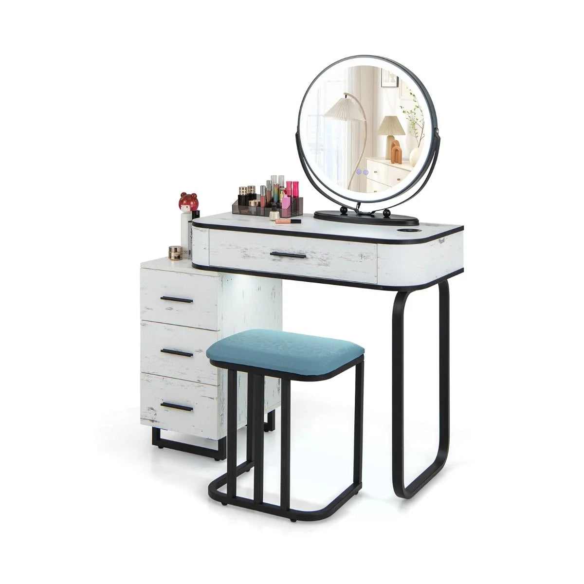 Vanity Table and Stool Set with 3-Color Touch Screen Lighted Swivel Mirror