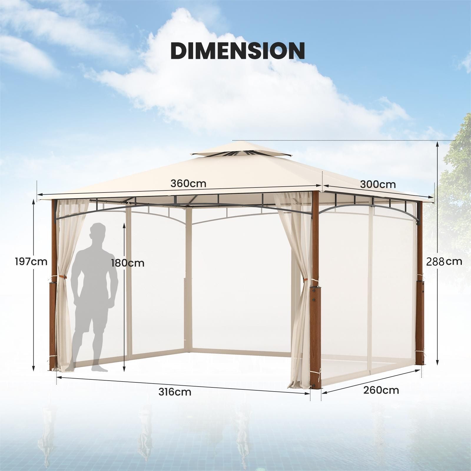 360 X 300Cm Outdoor Patio Gazebo Metal Frame Soft Top Tent with Netting