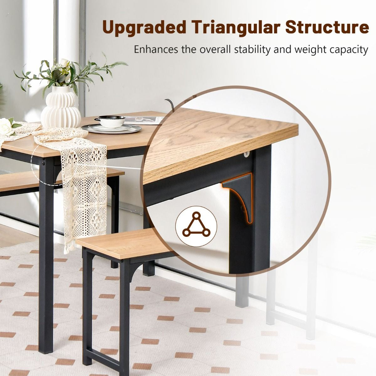 3 Pieces Space-Saving Dining Breakfast Table Set with 2 Benches