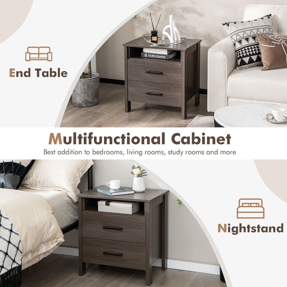 Modern Wooden Nightstand with 2 Drawers and Open Storage Shelf