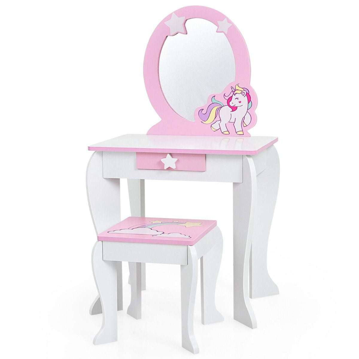 Kids Vanity Table and Chair Set with Mirror and Detachable Top