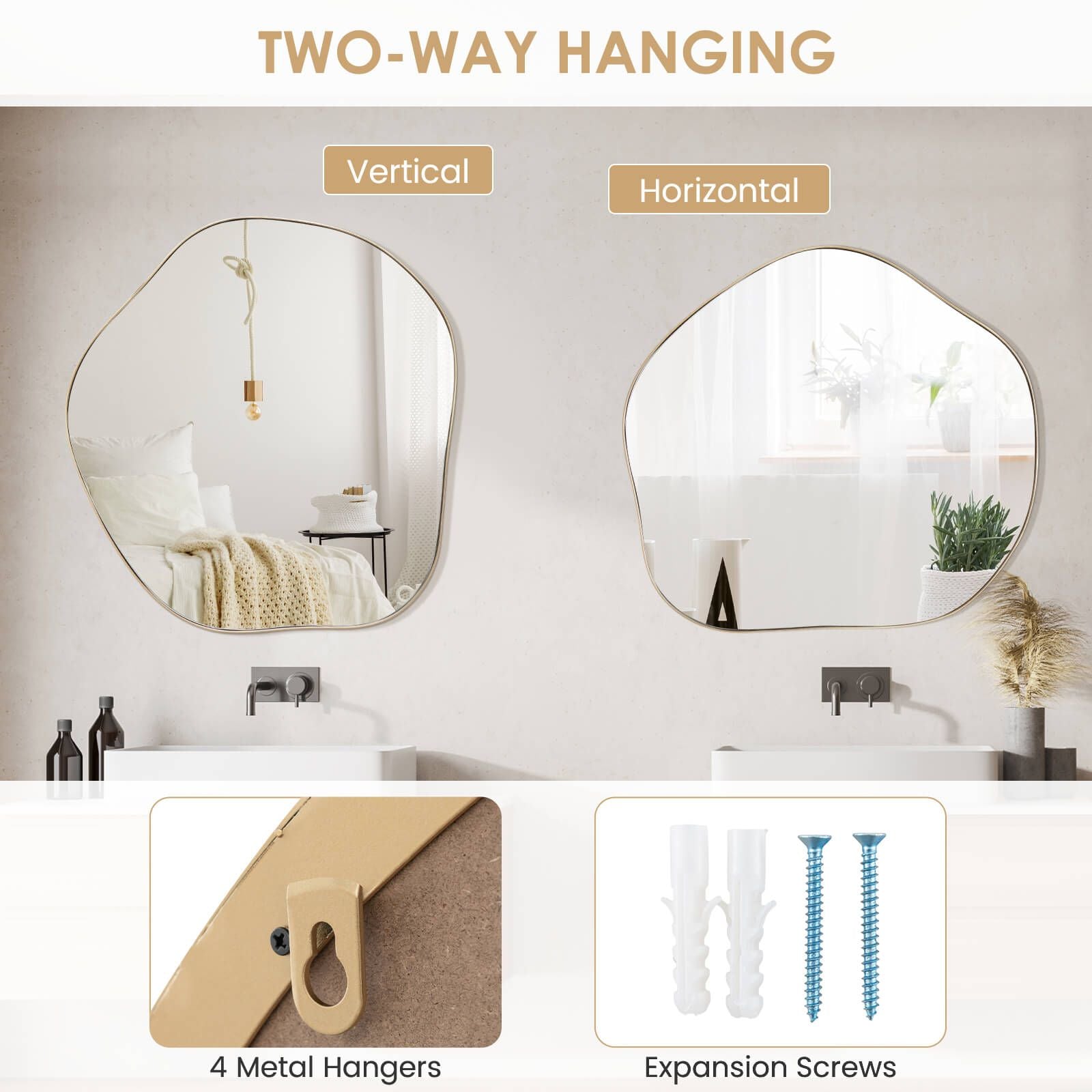 Irregular Wall Mirror Asymmetrical Mirror with Expansion Screws