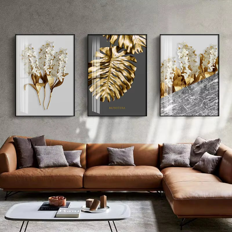 Nordic Golden Abstract Leaf Flower Wall Art Canvas Painting Black White Feathers Poster Print Wall Picture for Living Room Decor