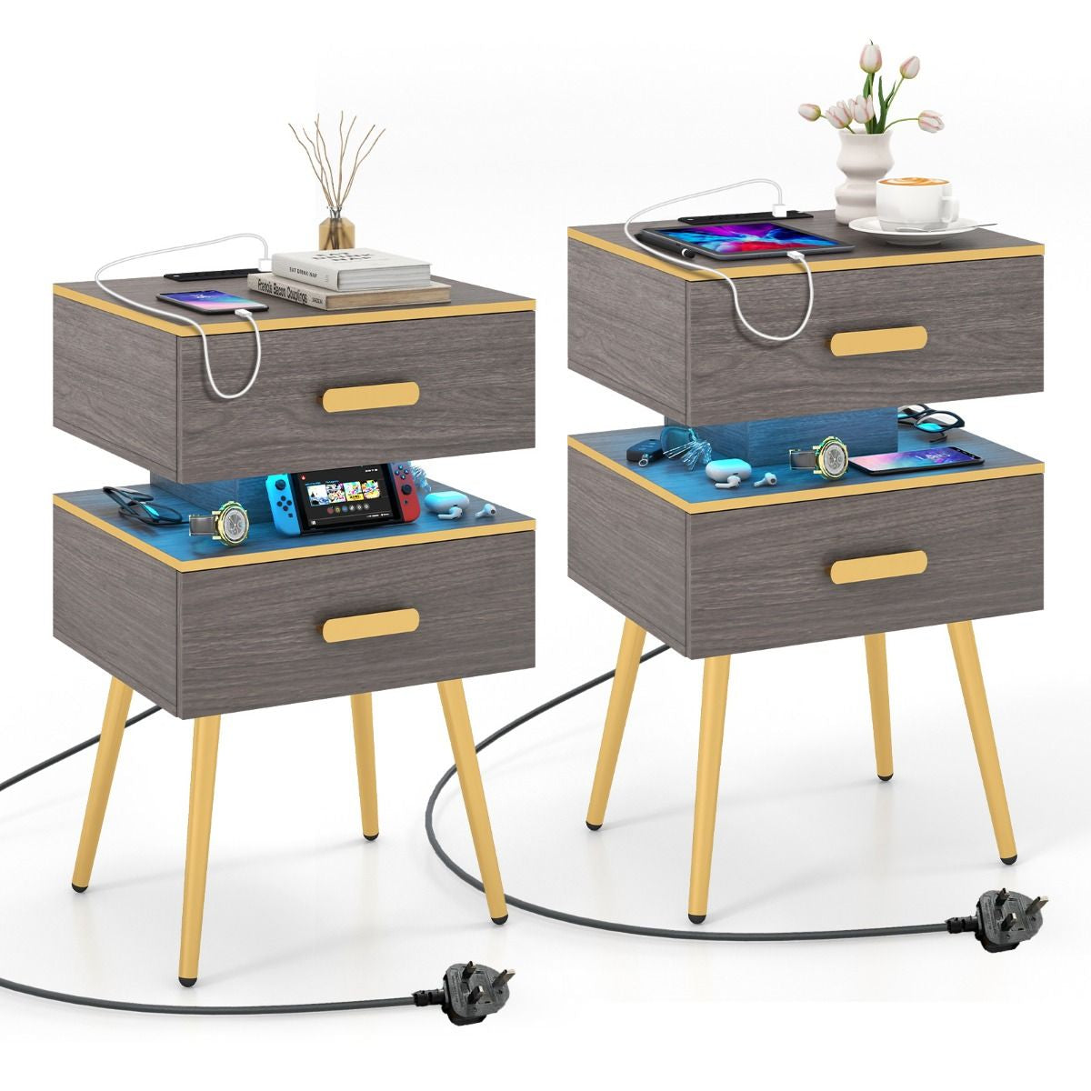 Bedside Sofa Side Tables with 2 Drawers and 2 USB Ports