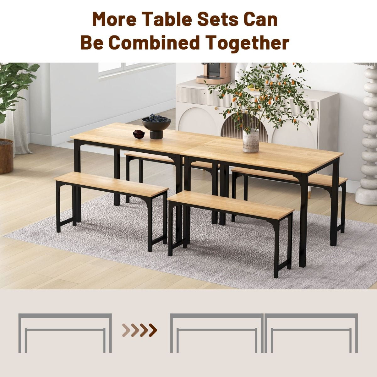 3 Pieces Space-Saving Dining Breakfast Table Set with 2 Benches