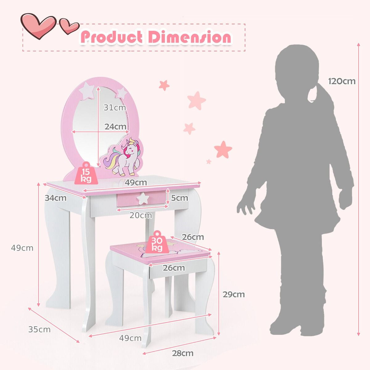 Kids Vanity Table and Chair Set with Mirror and Detachable Top