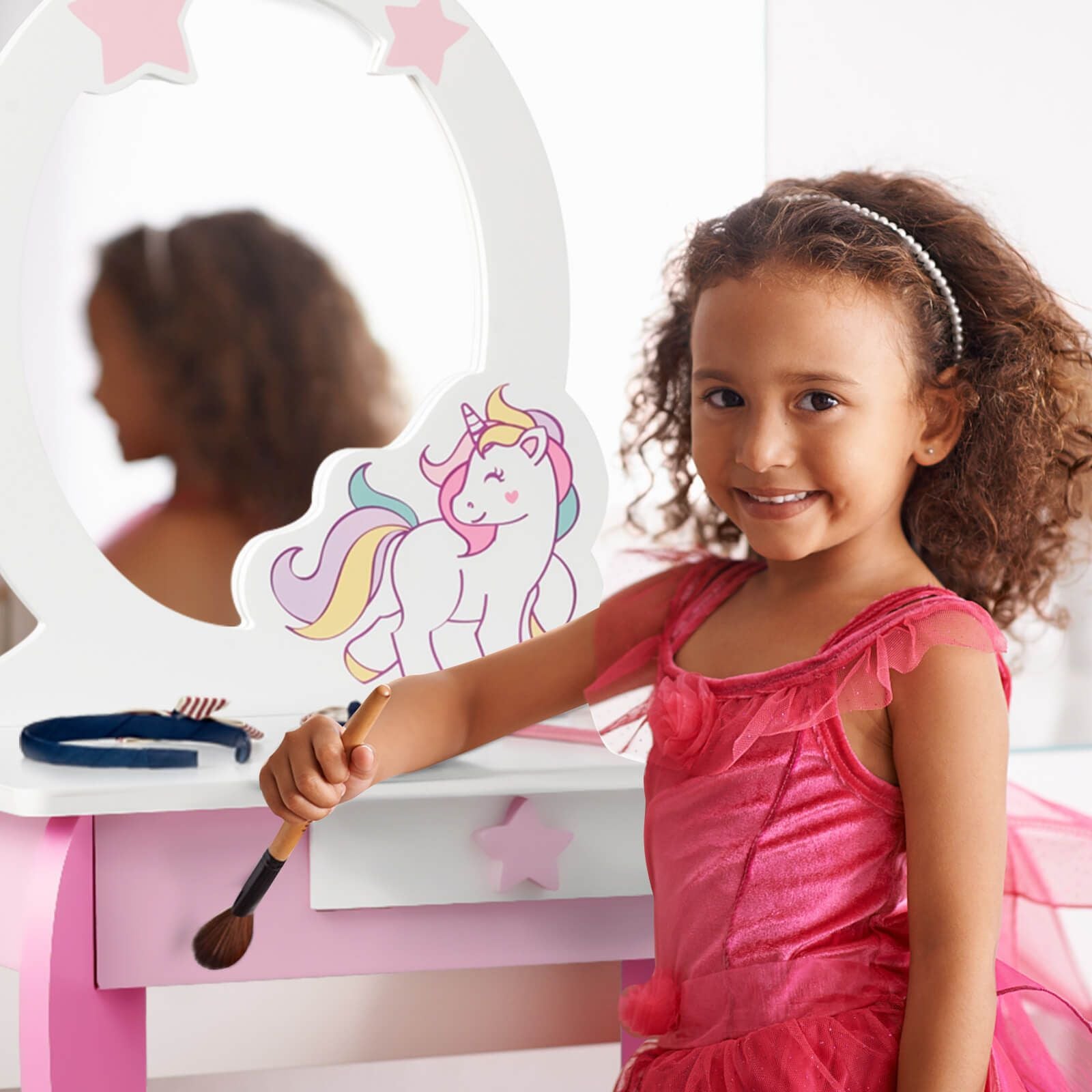 Kids Vanity Table and Chair Set with Mirror and Detachable Top