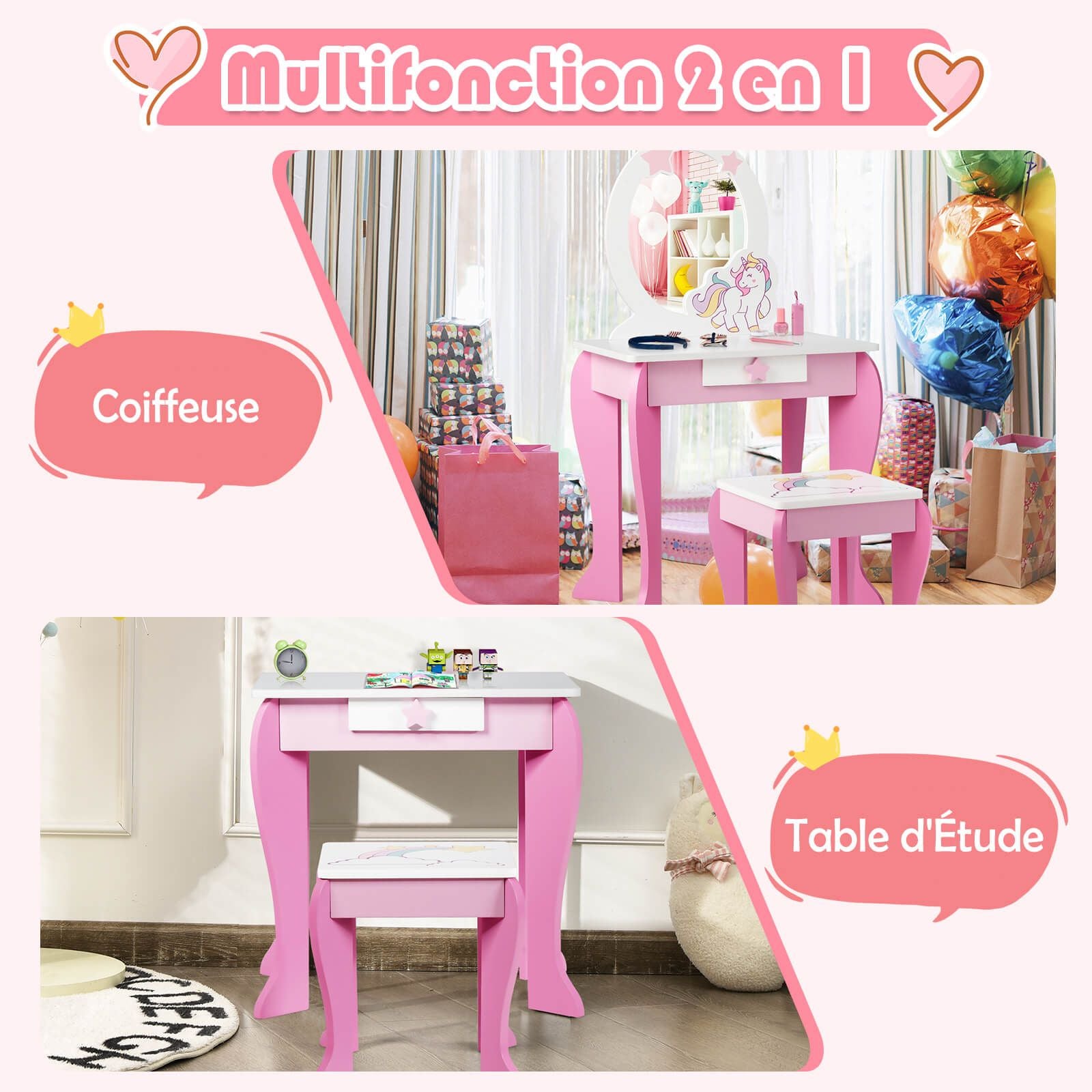 Kids Vanity Table and Chair Set with Mirror and Detachable Top