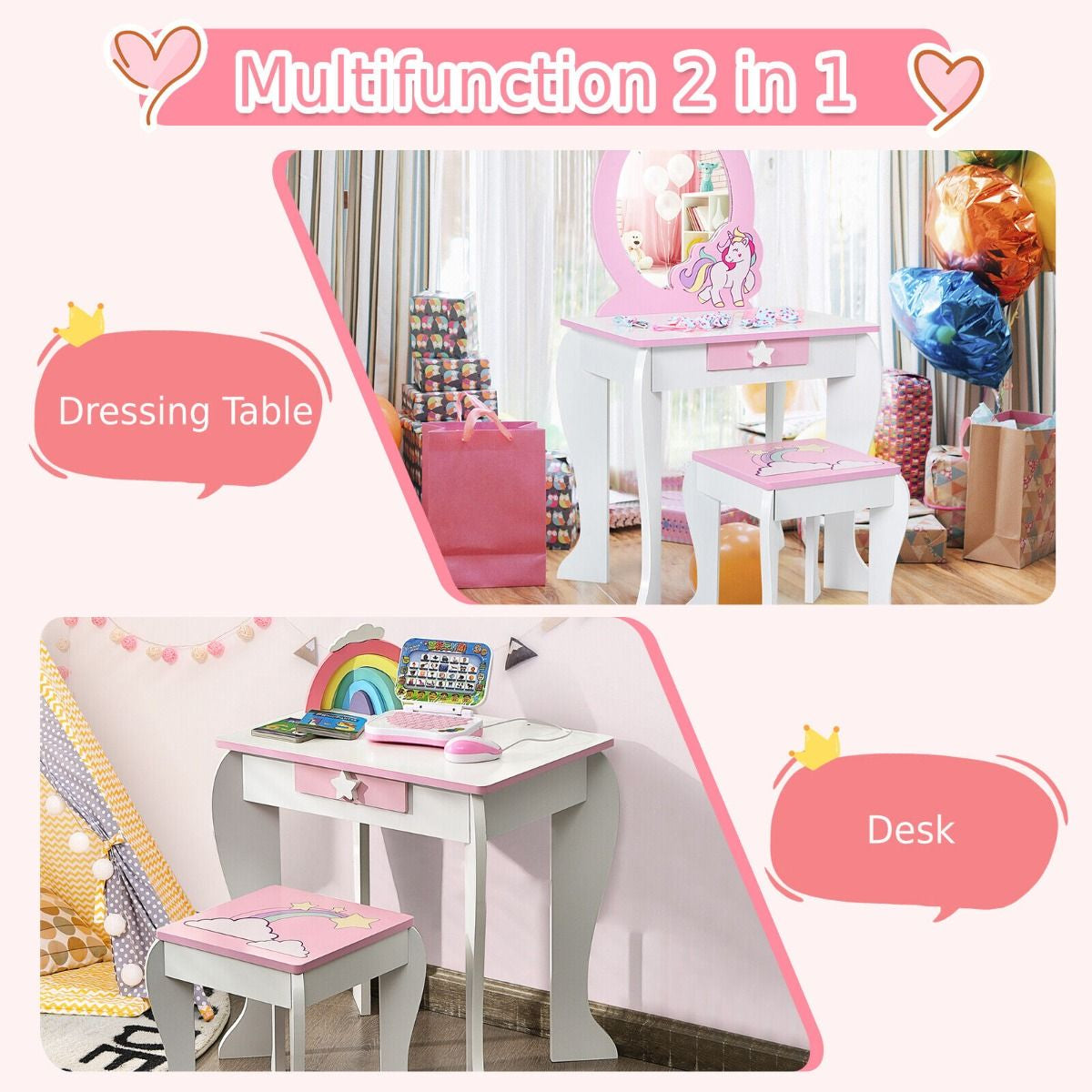 Kids Vanity Table and Chair Set with Mirror and Detachable Top