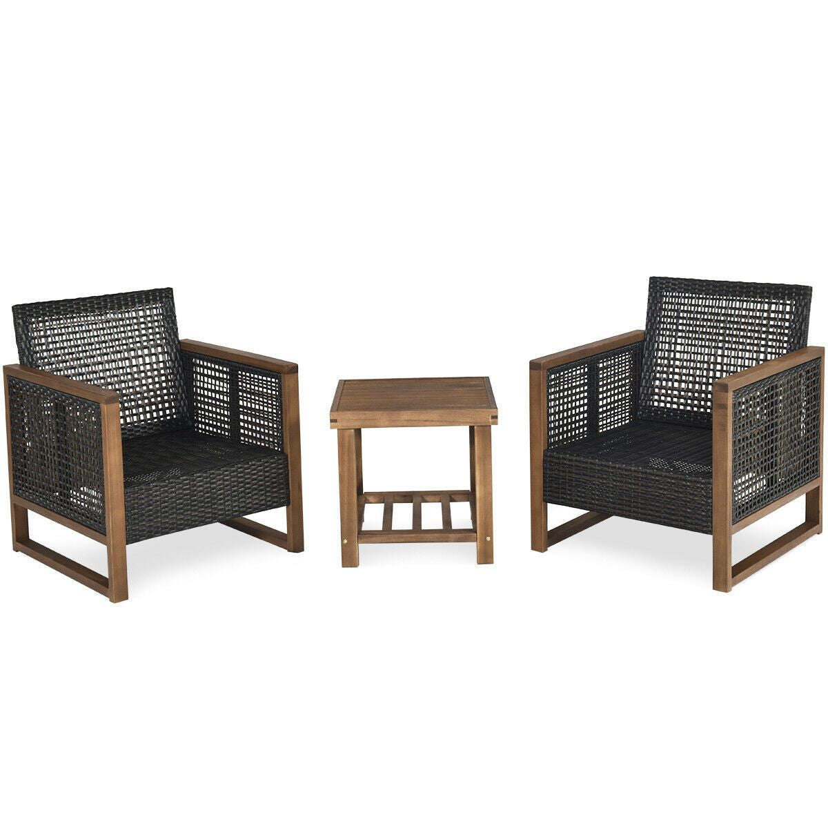 3 Pieces Outdoor Rattan Furniture Bistro Set with Cushioned Sofas