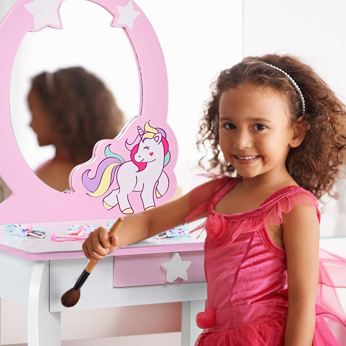 Kids Vanity Table and Chair Set with Mirror and Detachable Top