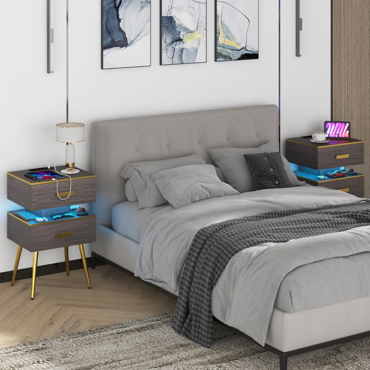 Bedside Sofa Side Tables with 2 Drawers and 2 USB Ports