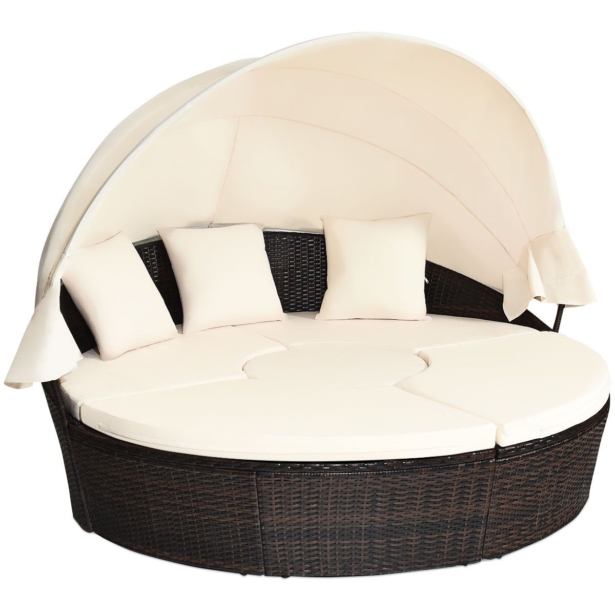 Outdoor round Daybed with Waterproof Removable Cushions and Height Adjustable Coffee Table