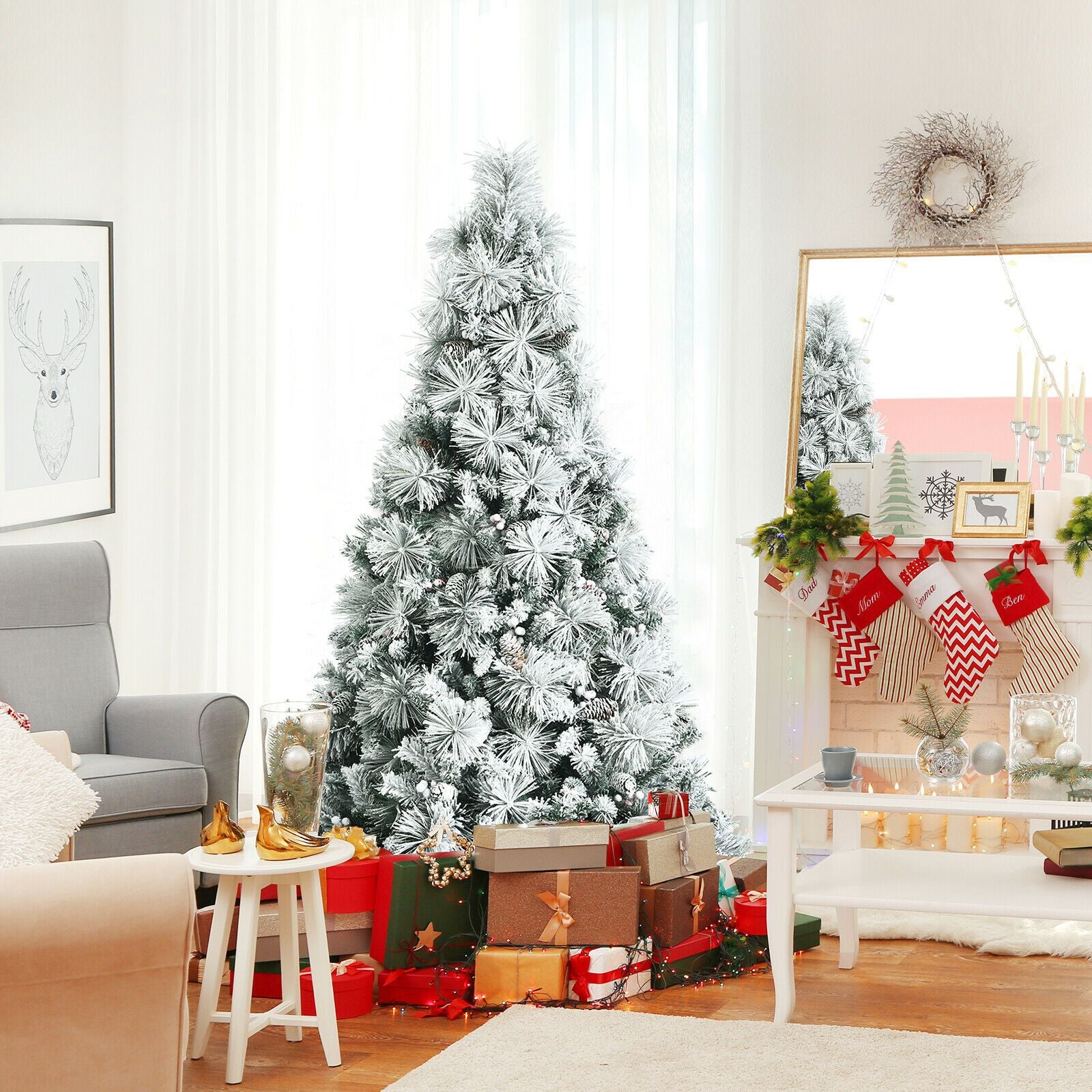 Snow Flocked Christmas Tree with 652 Branches and Berries