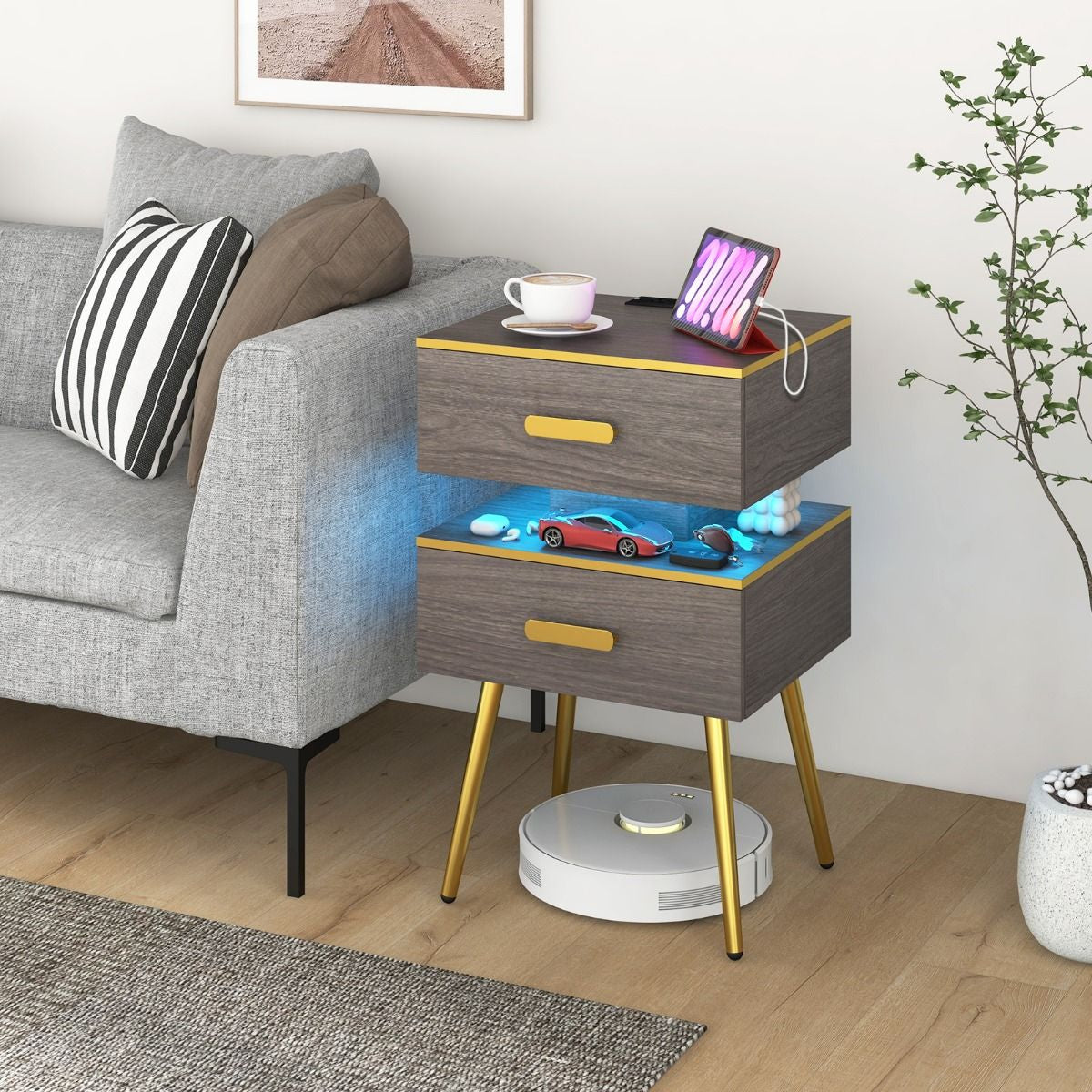 Bedside Sofa Side Tables with 2 Drawers and 2 USB Ports