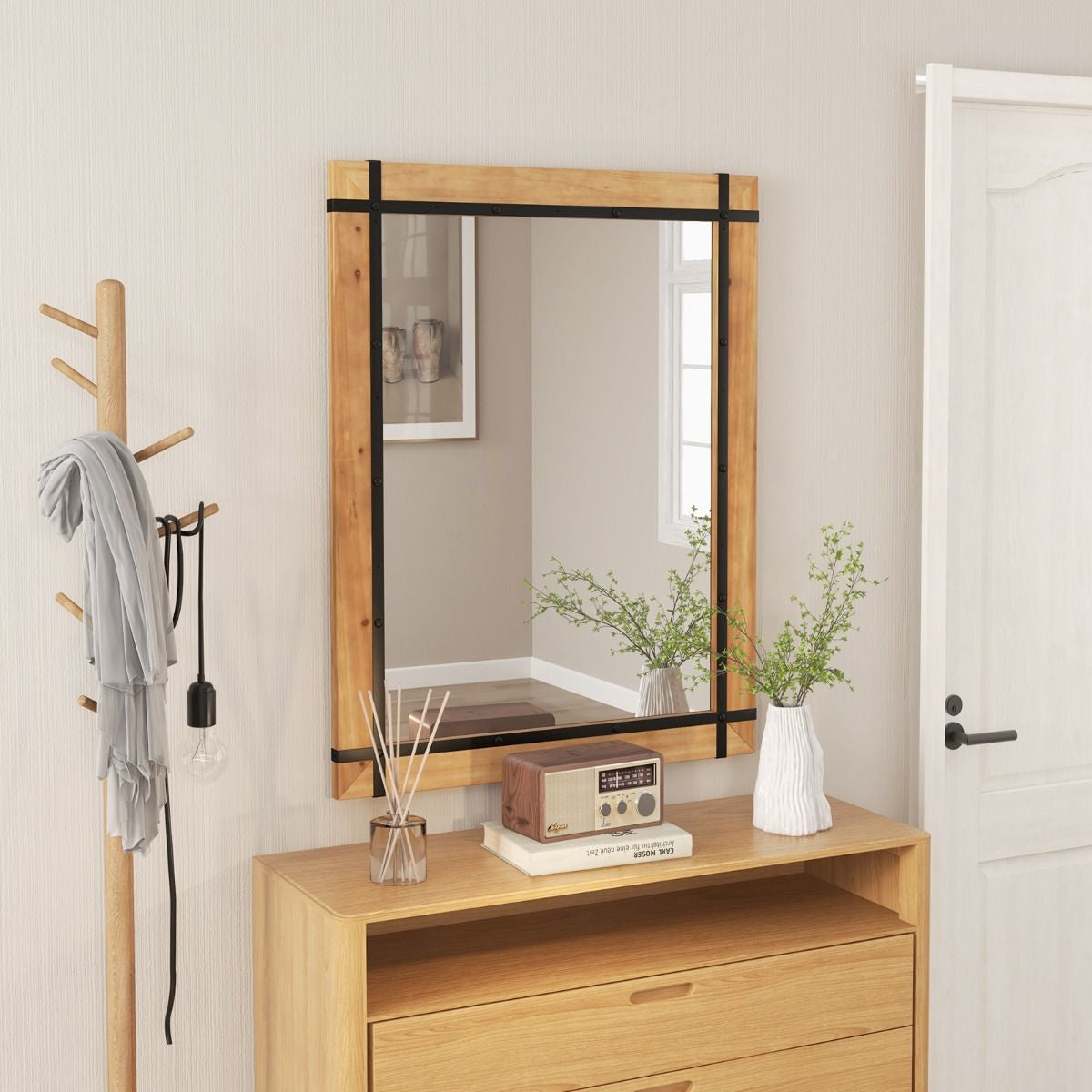 Decorative Wall Mirror with Fir Wood Frame and Farmhouse Finish