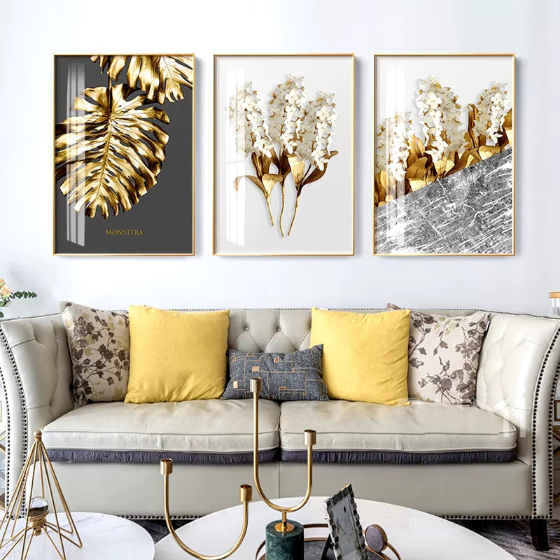 Nordic Golden Abstract Leaf Flower Wall Art Canvas Painting Black White Feathers Poster Print Wall Picture for Living Room Decor