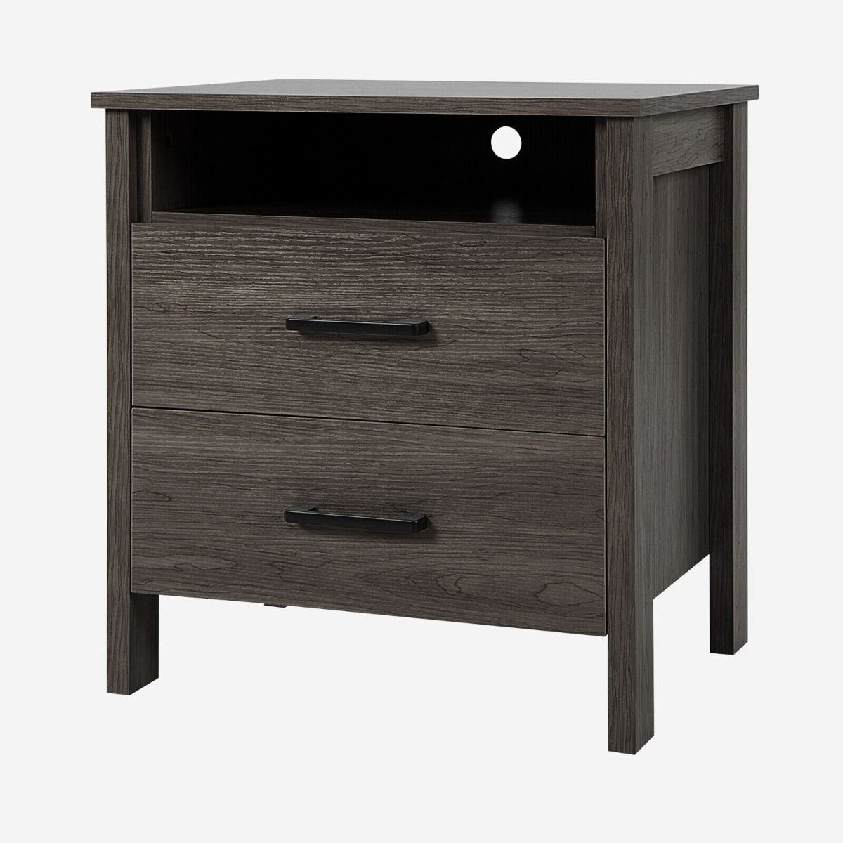 Modern Wooden Nightstand with 2 Drawers and Open Storage Shelf