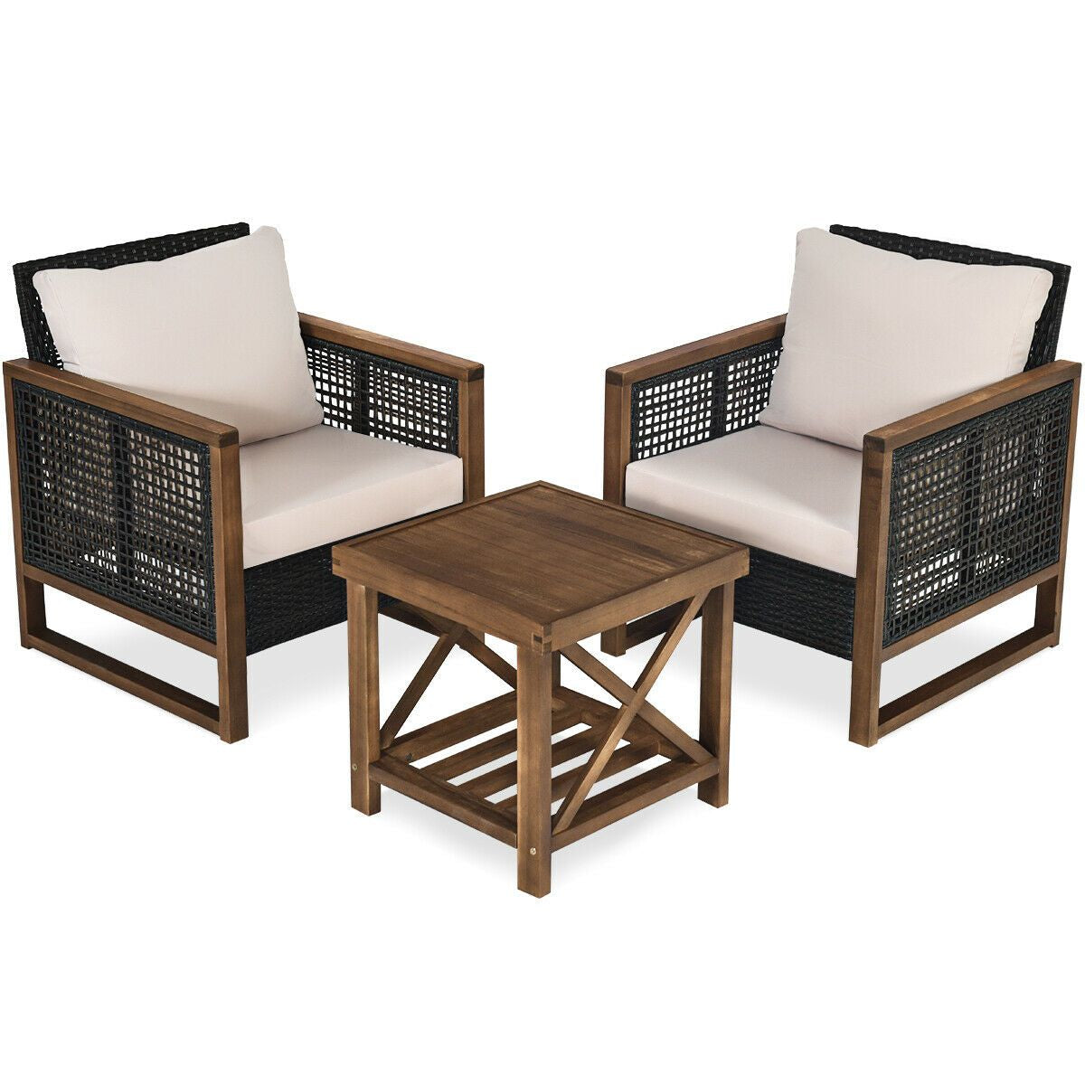 3 Pieces Outdoor Rattan Furniture Bistro Set with Cushioned Sofas