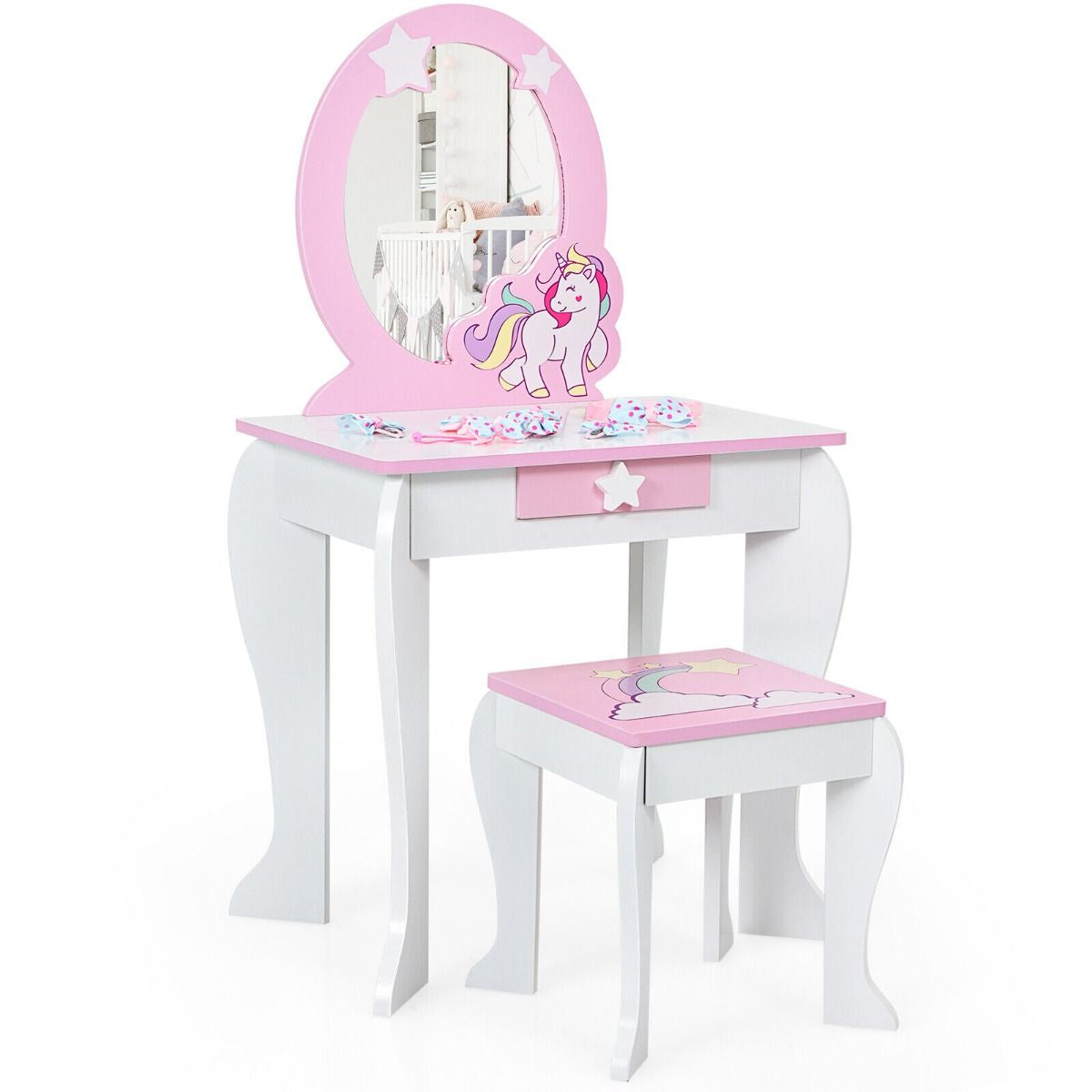 Kids Vanity Table and Chair Set with Mirror and Detachable Top