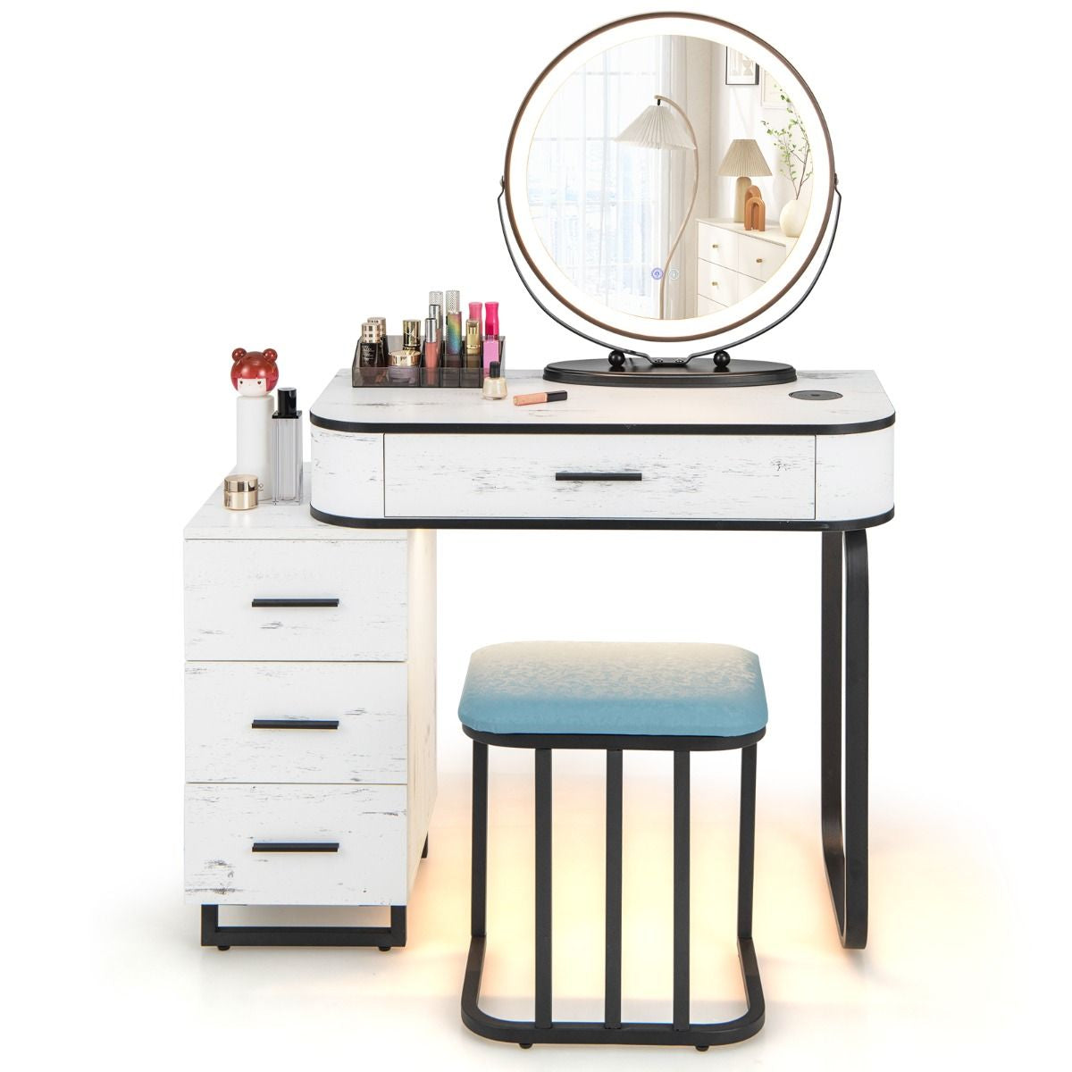 Vanity Table and Stool Set with 3-Color Touch Screen Lighted Swivel Mirror