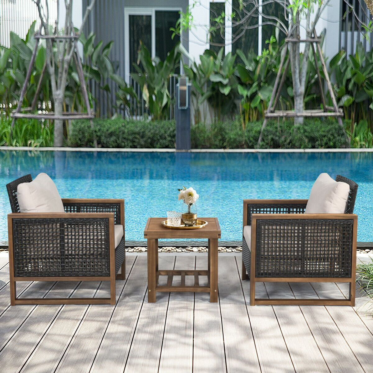 3 Pieces Outdoor Rattan Furniture Bistro Set with Cushioned Sofas