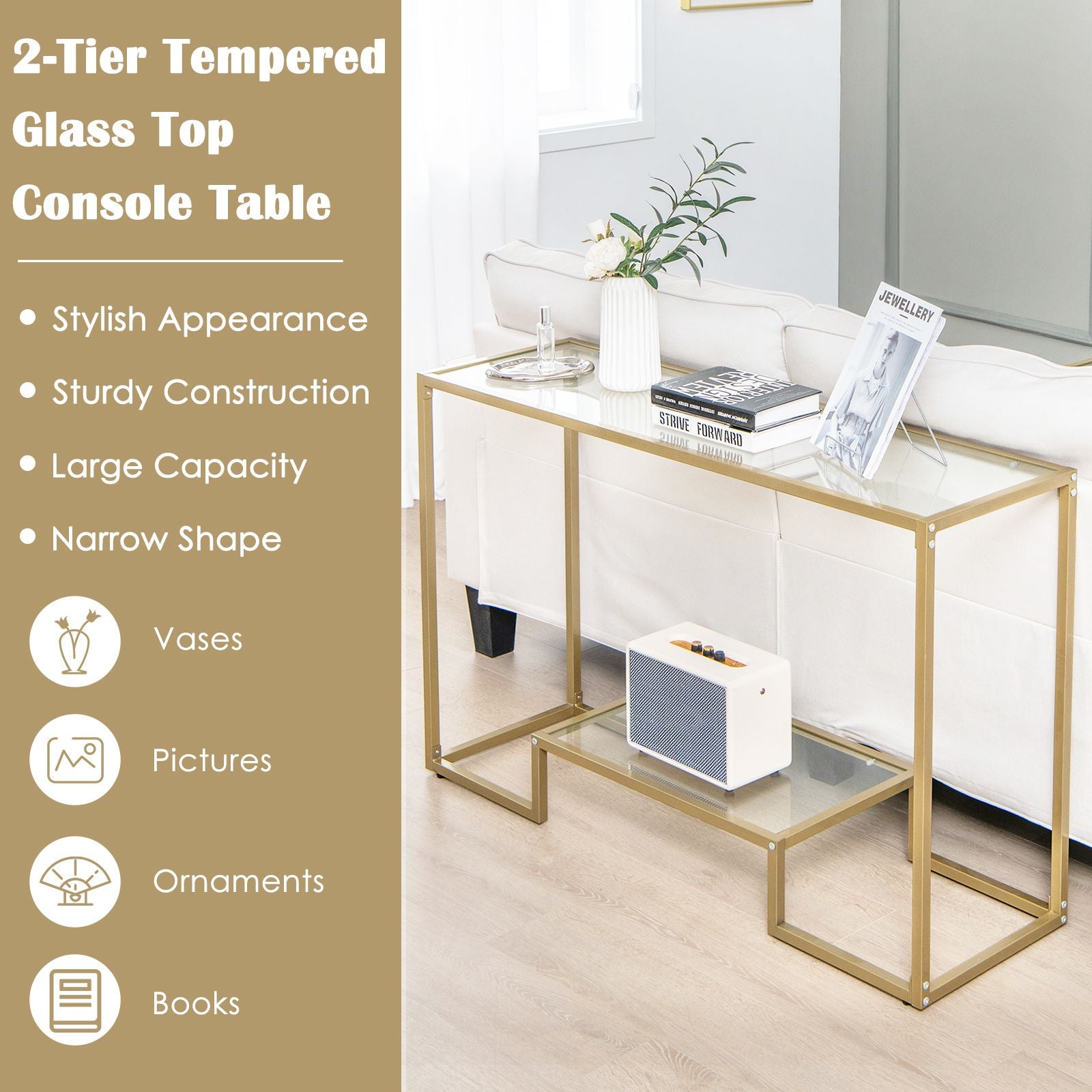 Entryway Hallway Table with Anti-Tipping Kit and Tempered Glass Shelves