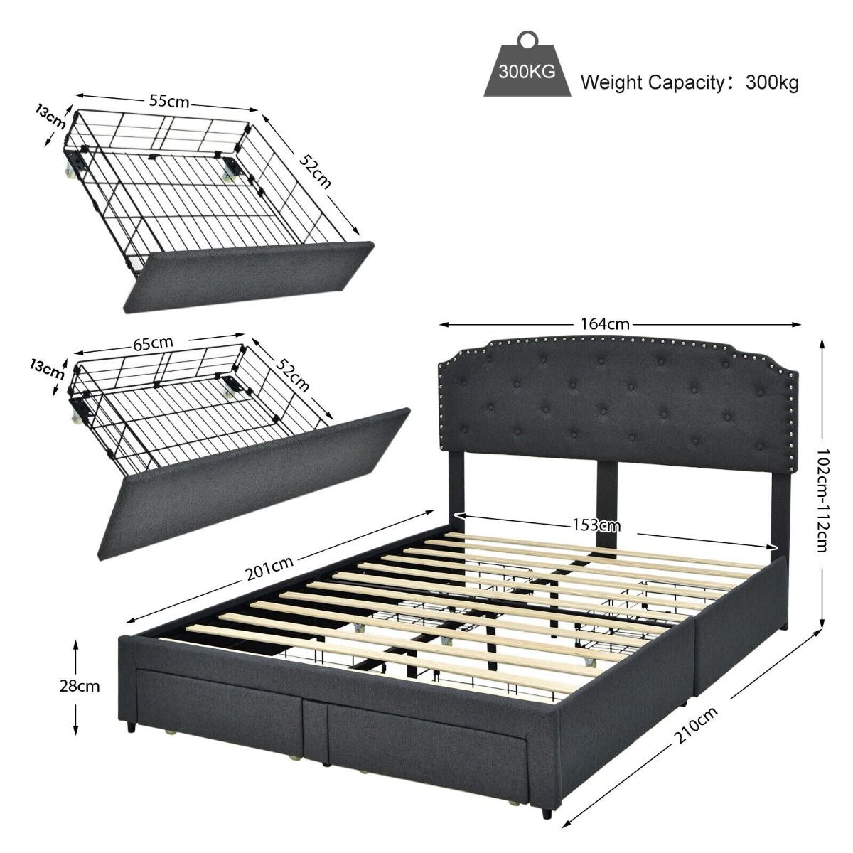 Upholstered Double Bed Frame with 4 Storage Drawers and Adjustable Headboard