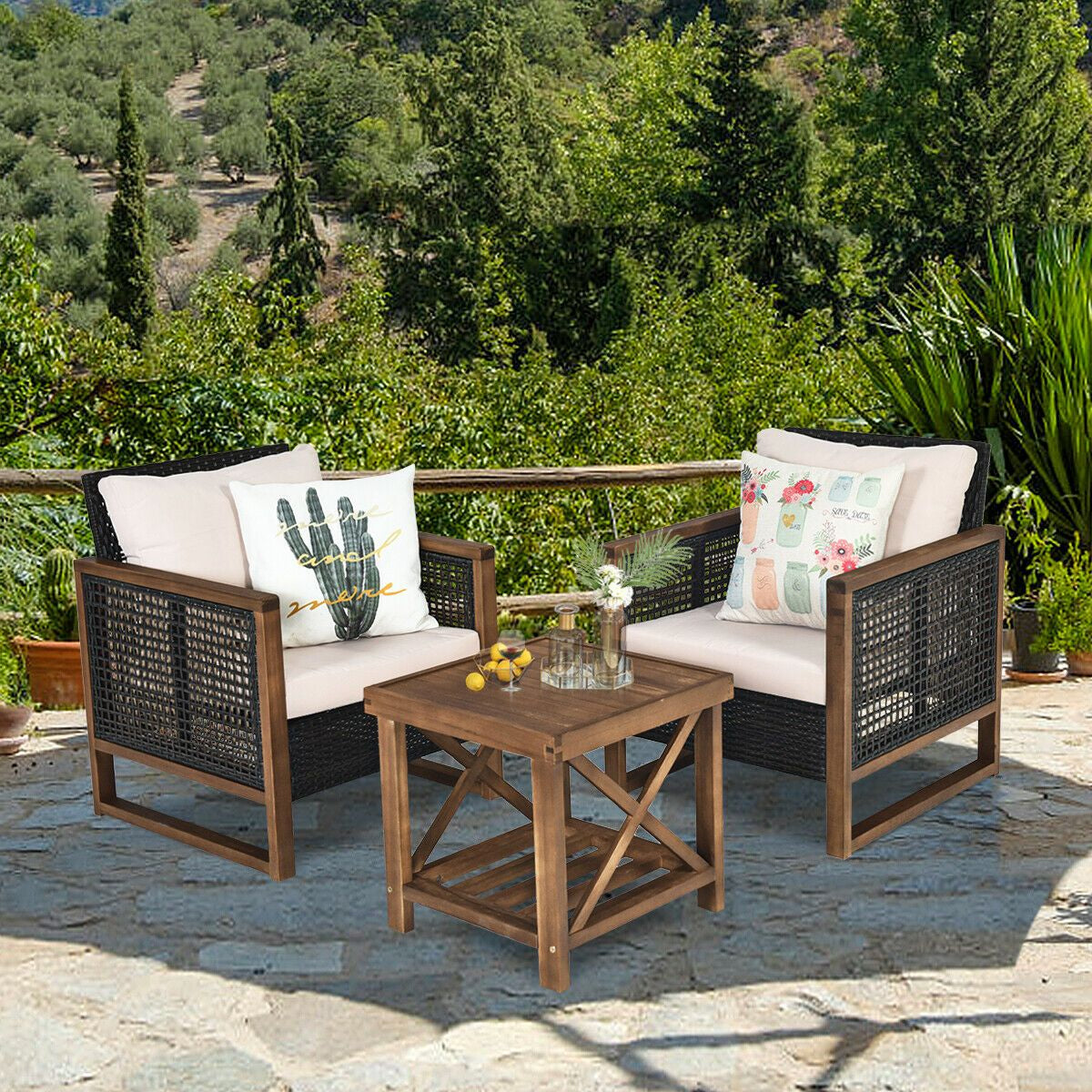 3 Pieces Outdoor Rattan Furniture Bistro Set with Cushioned Sofas