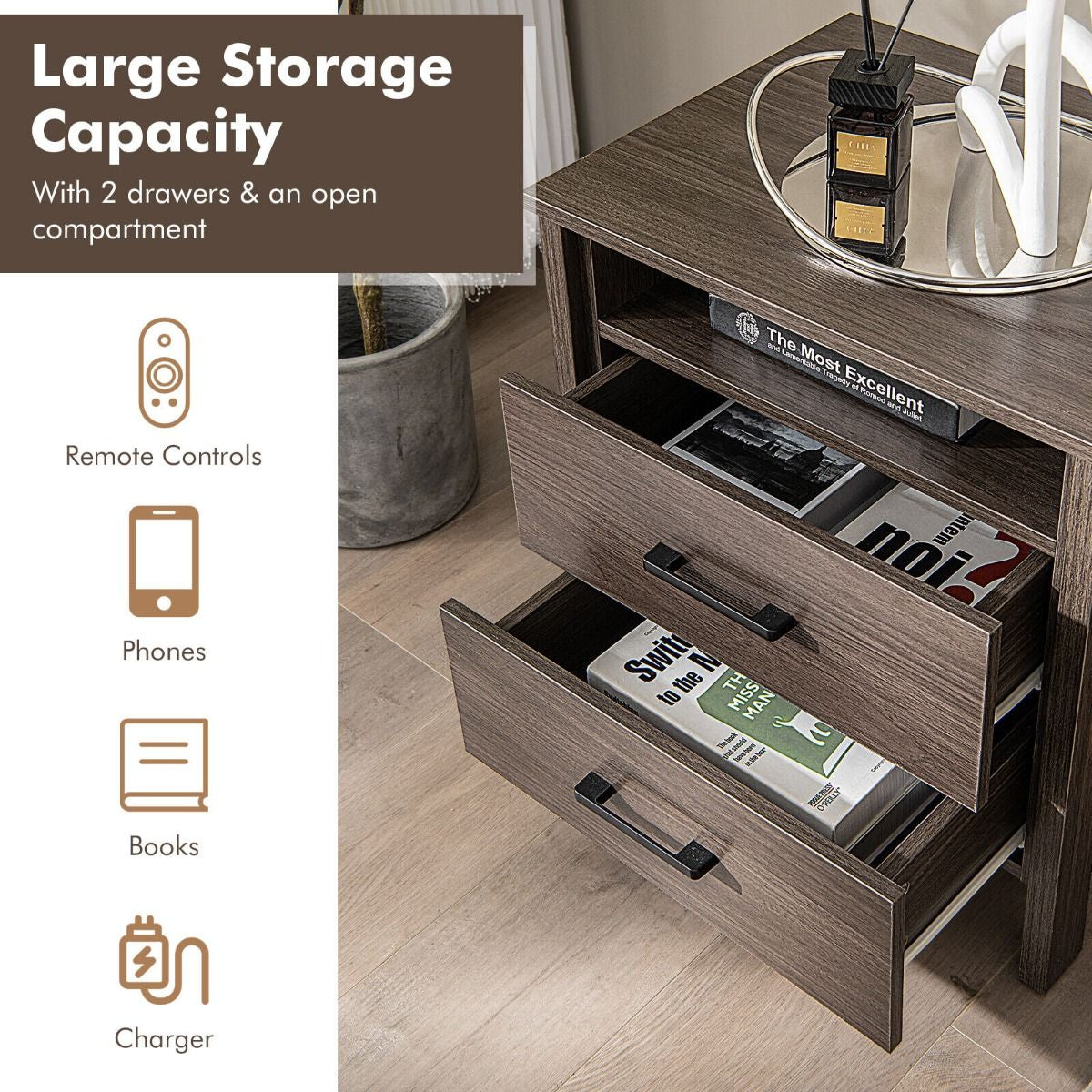 Modern Wooden Nightstand with 2 Drawers and Open Storage Shelf