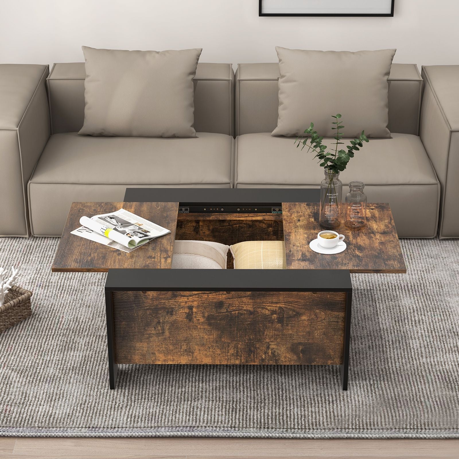 92Cm Square Coffee Table with Sliding Top and Hidden Compartment