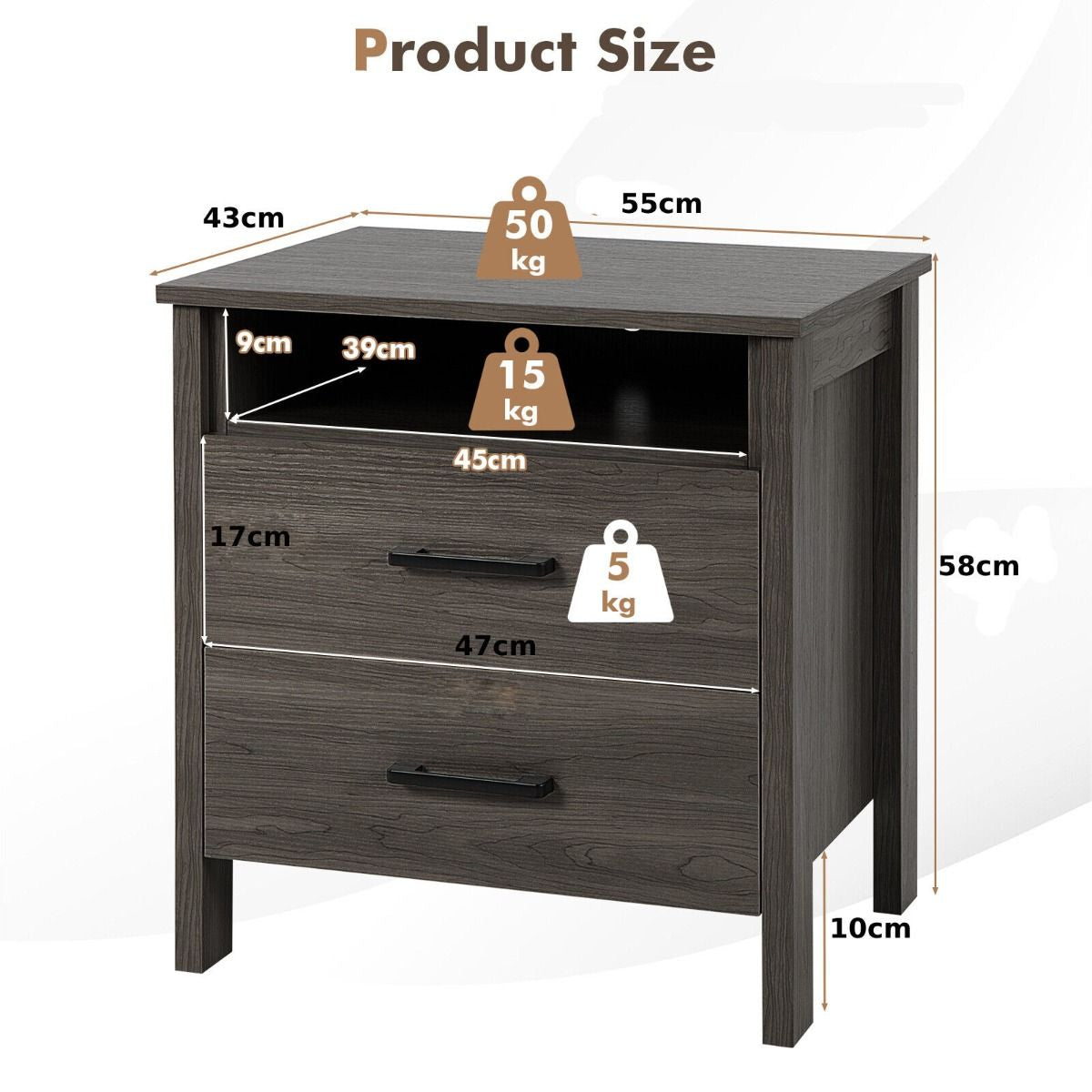 Modern Wooden Nightstand with 2 Drawers and Open Storage Shelf