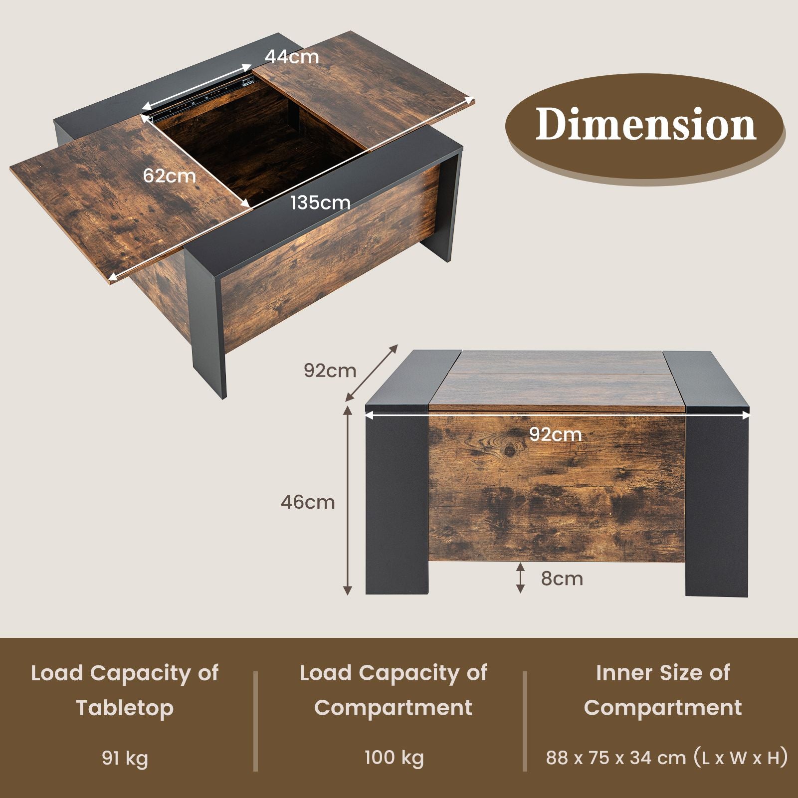 92Cm Square Coffee Table with Sliding Top and Hidden Compartment