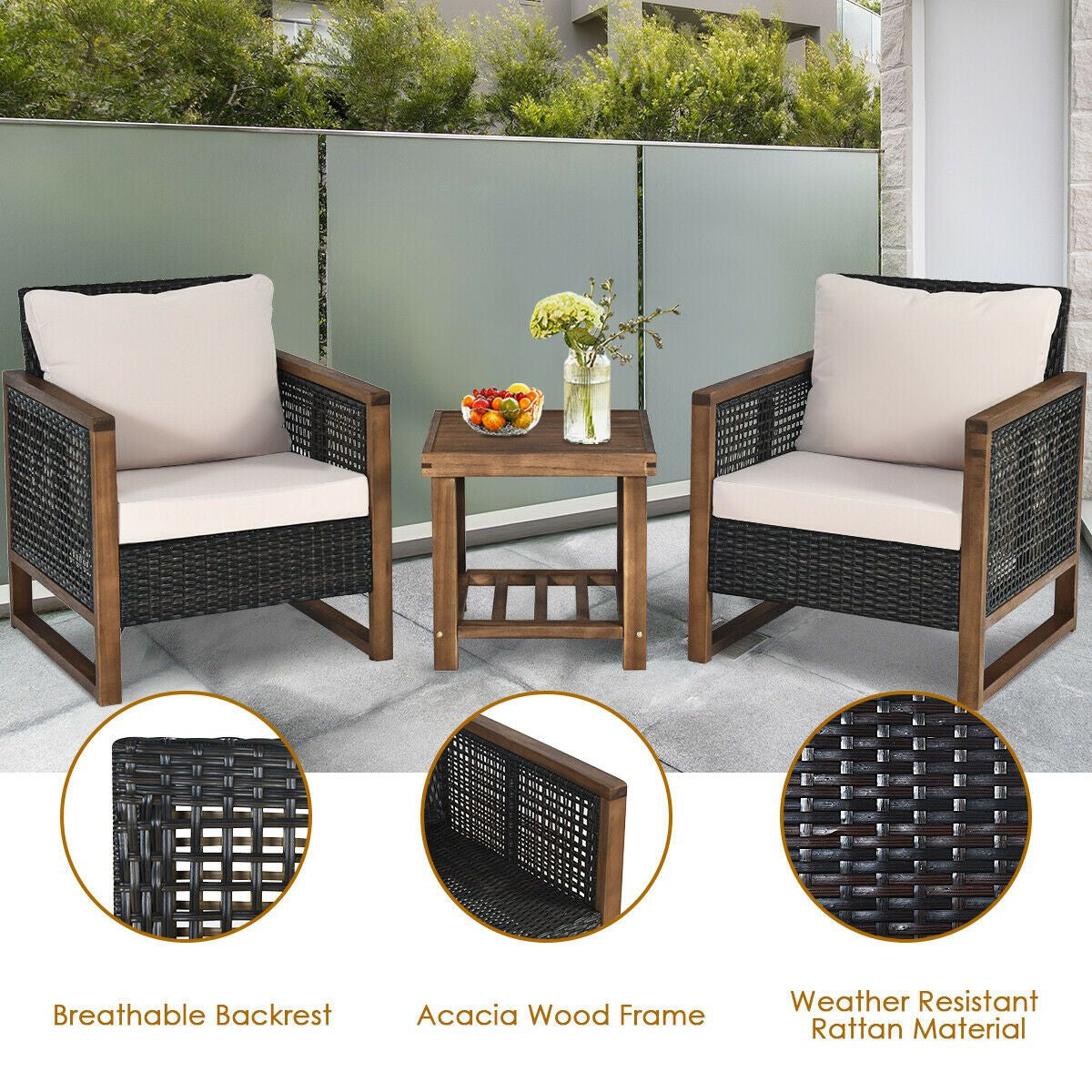 3 Pieces Outdoor Rattan Furniture Bistro Set with Cushioned Sofas