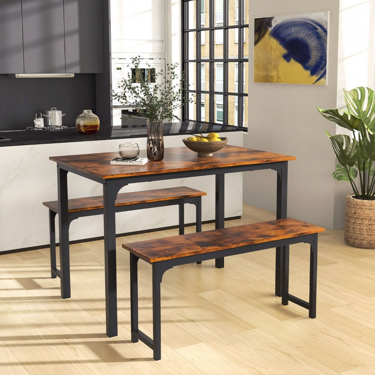 3 Pieces Space-Saving Dining Breakfast Table Set with 2 Benches