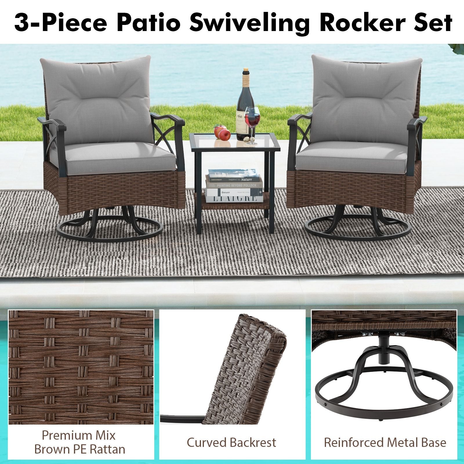 3 Piece Patio Swivel Rocker Set with 2-Tier Coffee Table