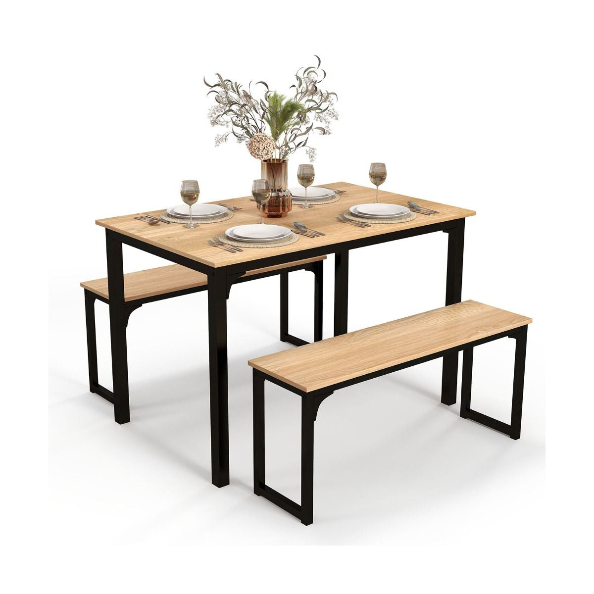 3 Pieces Space-Saving Dining Breakfast Table Set with 2 Benches