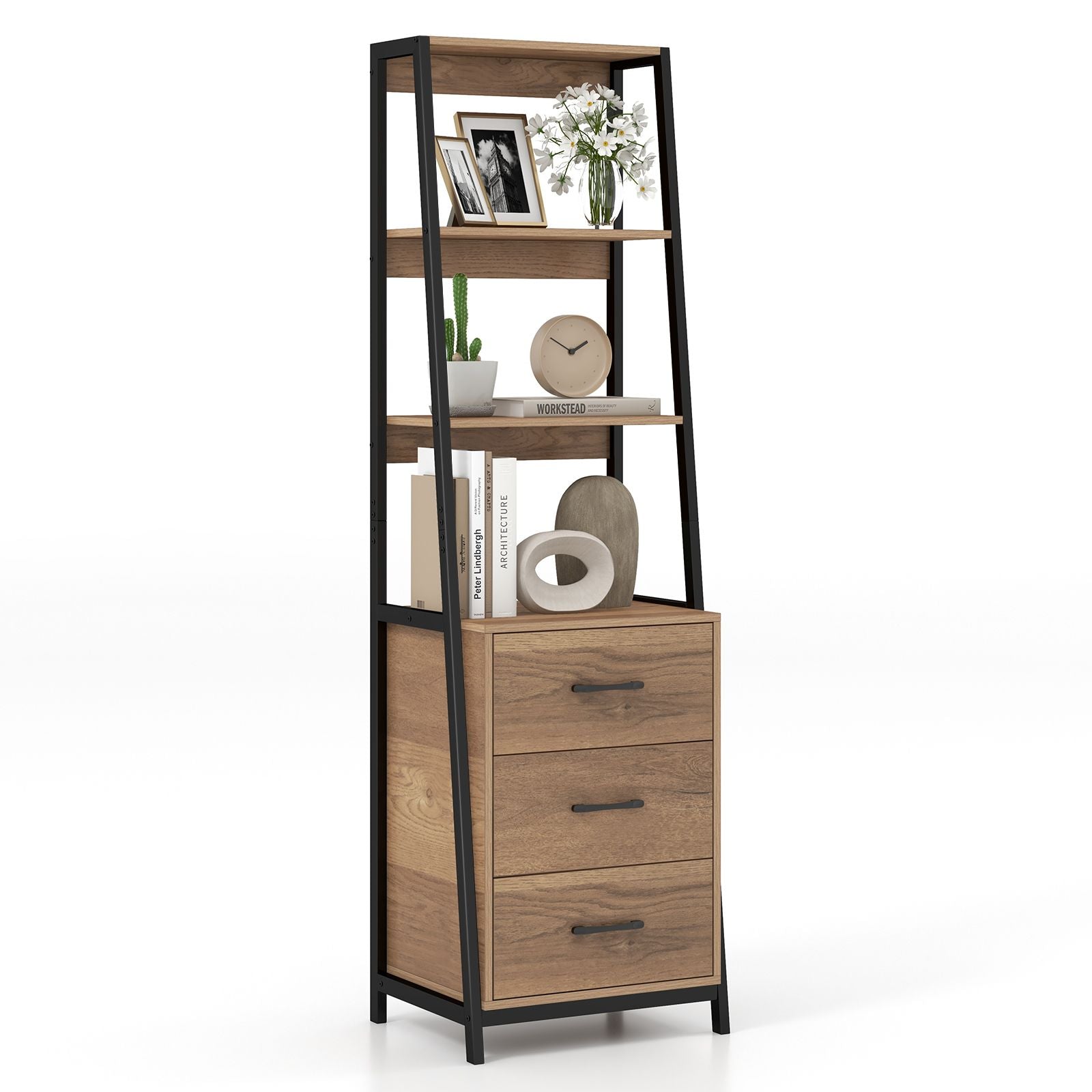 Ladder Bookshelf Tall Bookcase with 3 Open Shelves and 3 Drawers