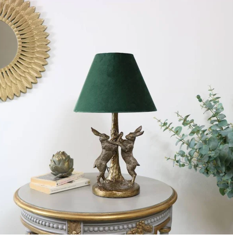 Antique Gold Marching Hares Lamp With Green Velvet Shade