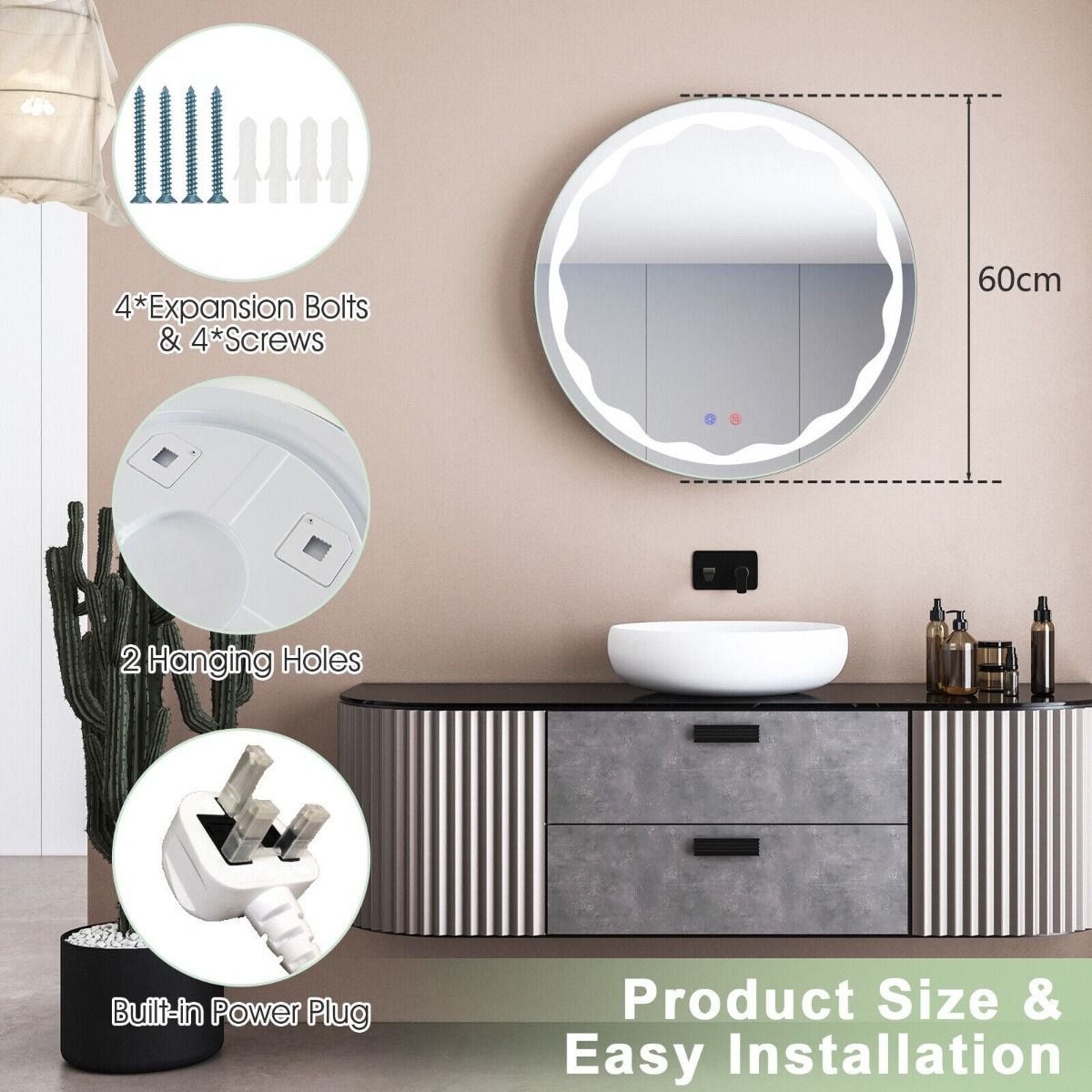 Round Wall-Mounted LED Lighted Bathroom Mirror with Touch Switch