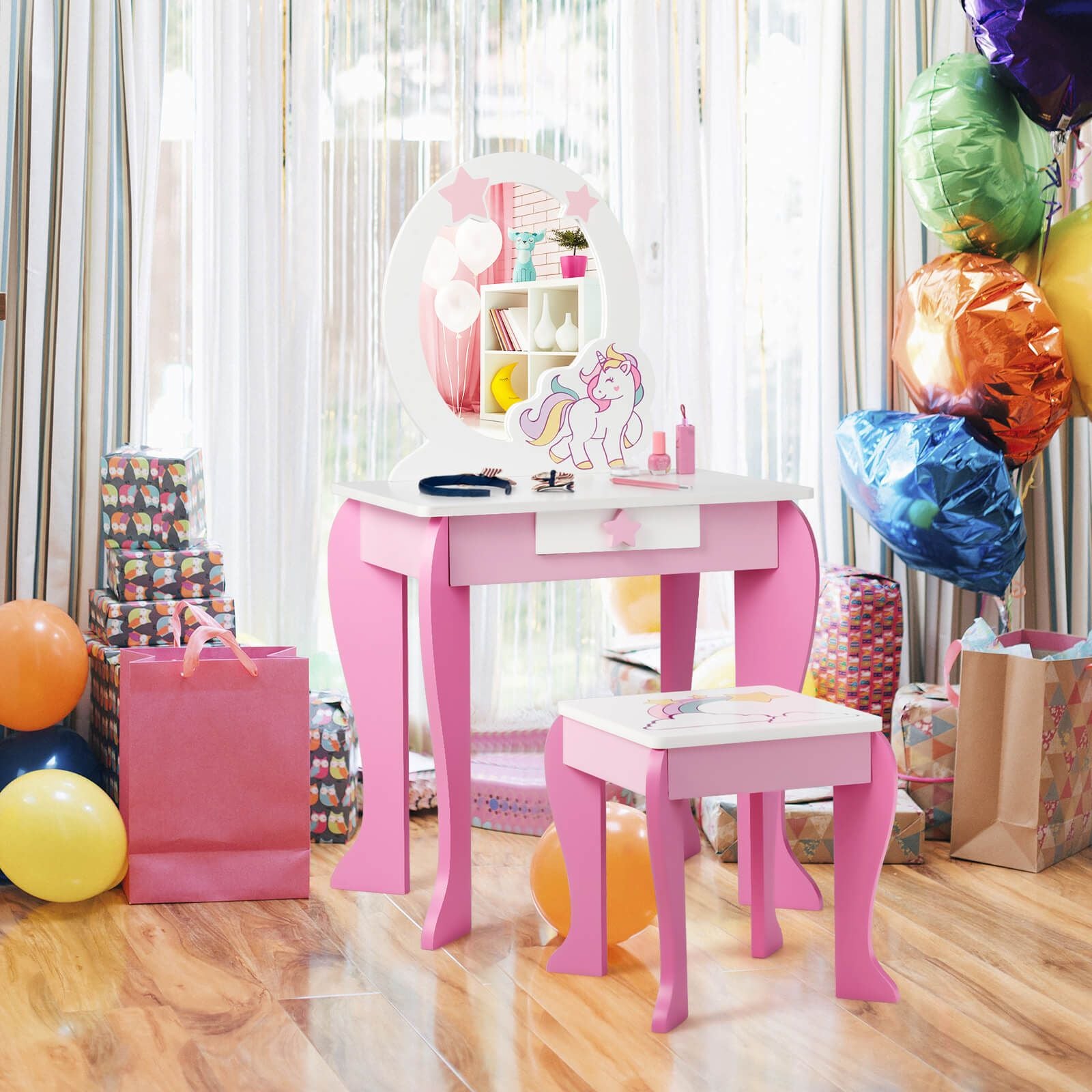 Kids Vanity Table and Chair Set with Mirror and Detachable Top