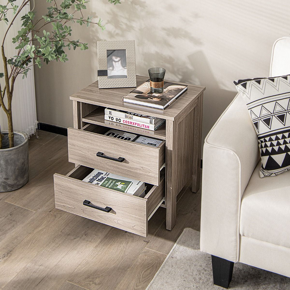 Modern Wooden Nightstand with 2 Drawers and Open Storage Shelf