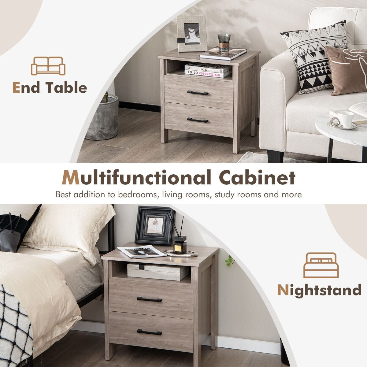 Modern Wooden Nightstand with 2 Drawers and Open Storage Shelf