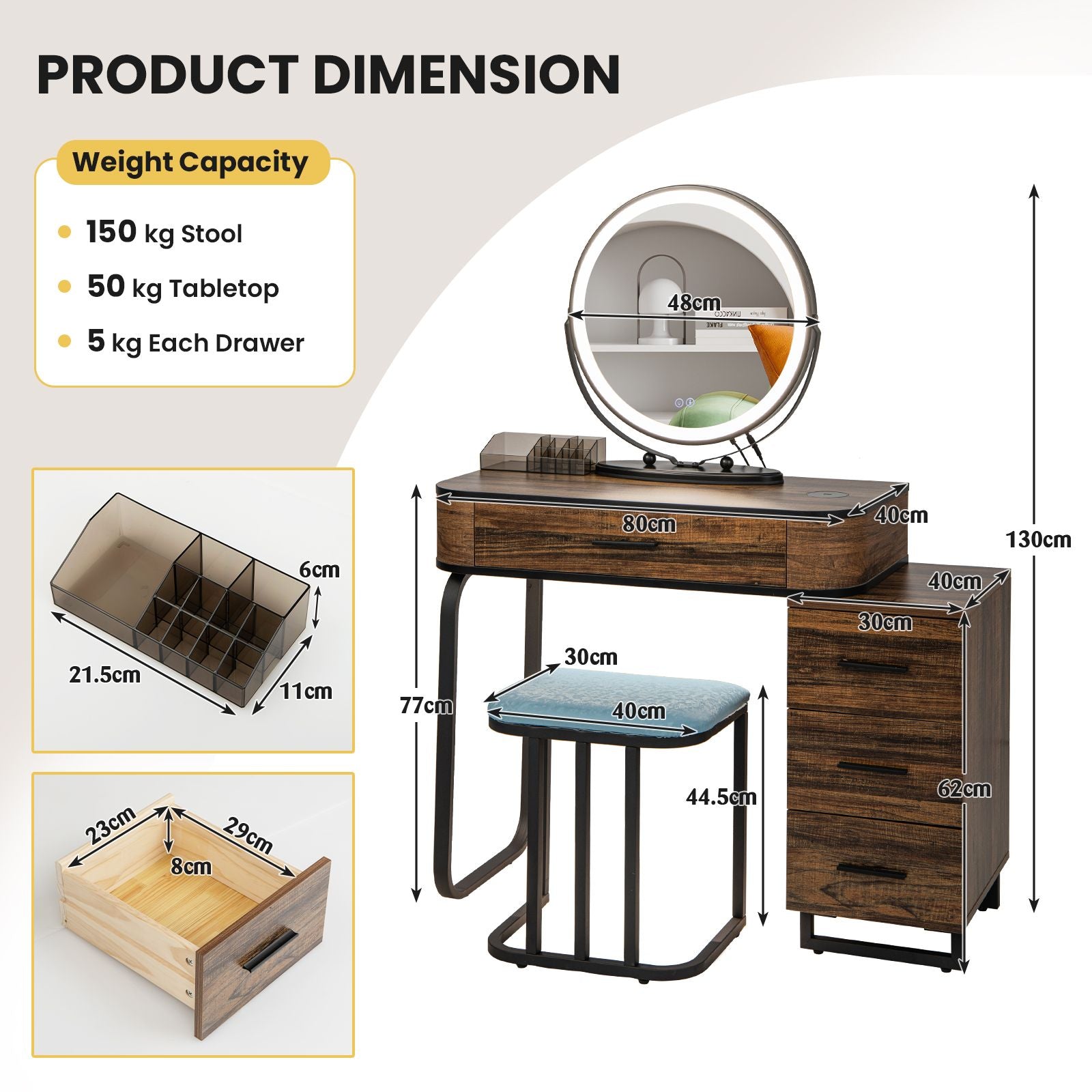 Vanity Table and Stool Set with 3-Color Touch Screen Lighted Swivel Mirror