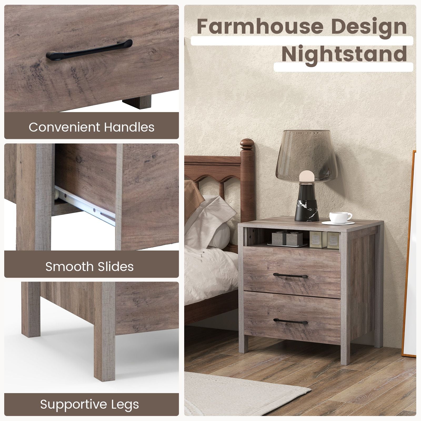 Farmhouse Nightstand Bed Side Table with 2 Drawers