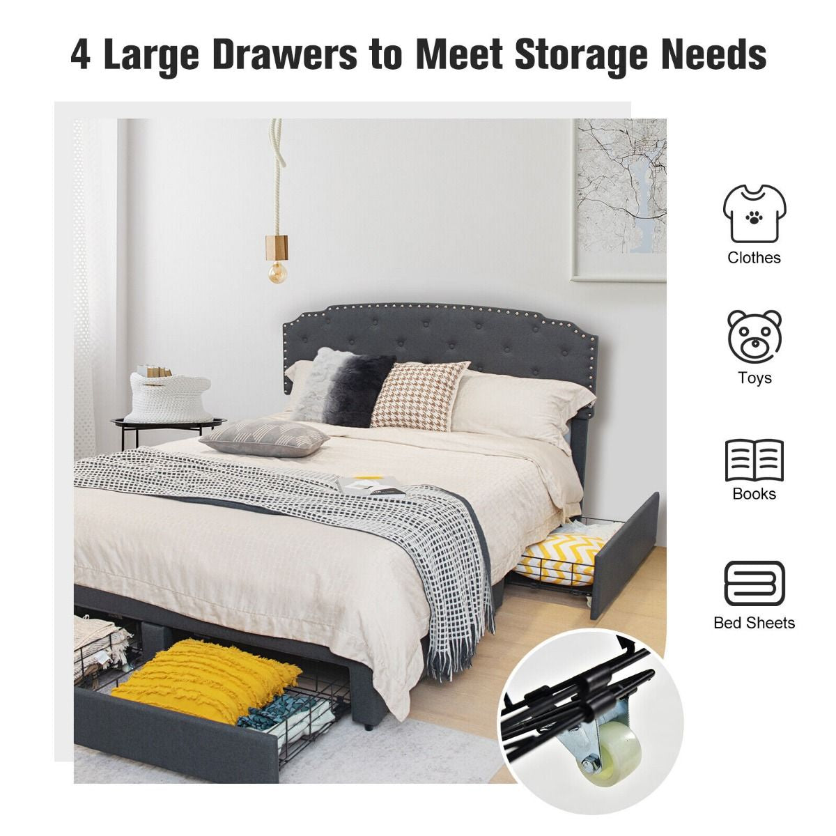 Upholstered Double Bed Frame with 4 Storage Drawers and Adjustable Headboard