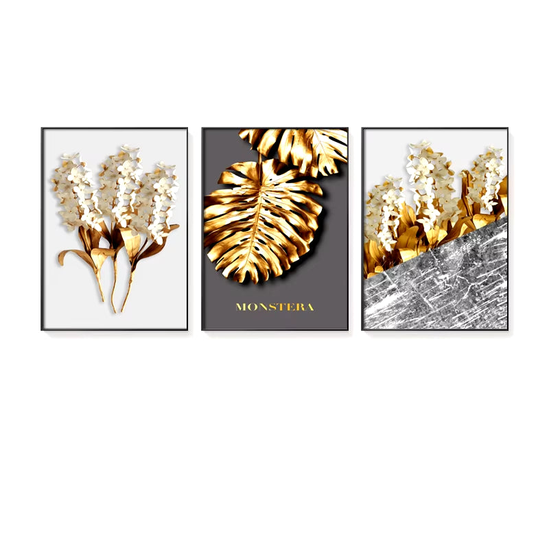 Nordic Golden Abstract Leaf Flower Wall Art Canvas Painting Black White Feathers Poster Print Wall Picture for Living Room Decor