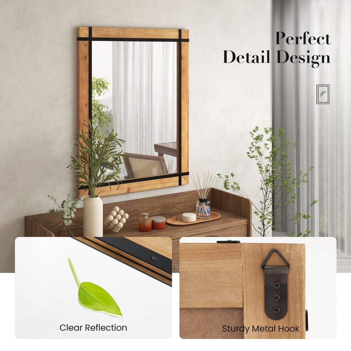 Decorative Wall Mirror with Fir Wood Frame and Farmhouse Finish