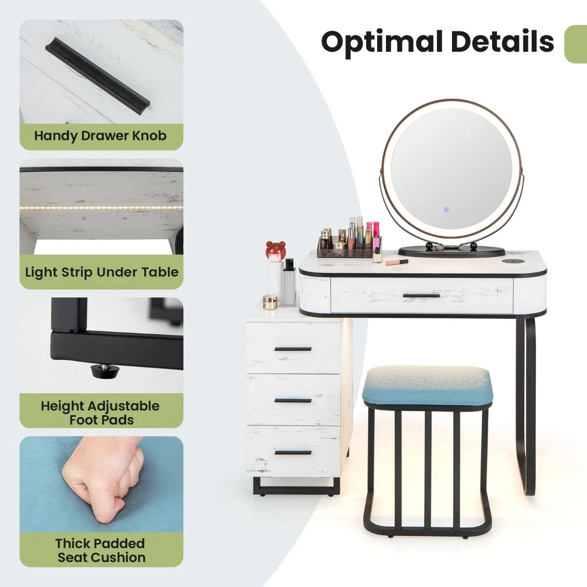 Vanity Table and Stool Set with 3-Color Touch Screen Lighted Swivel Mirror