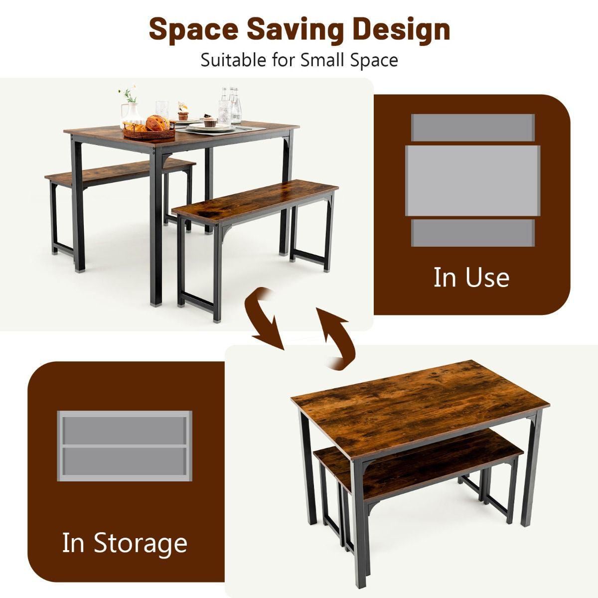 3 Pieces Space-Saving Dining Breakfast Table Set with 2 Benches